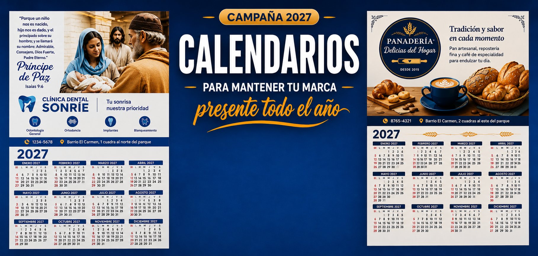 Campaña Calendarios 2027 con ejemplos de calendarios comerciales personalizados